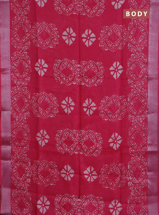 Pure linen saree pink with allover batik prints and silver zari woven border