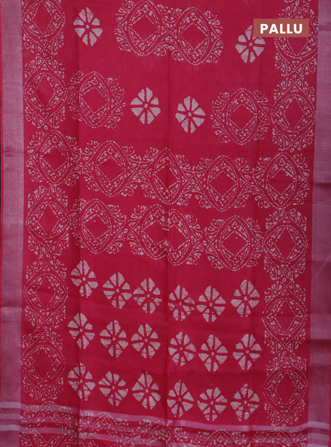 Pure linen saree pink with allover batik prints and silver zari woven border