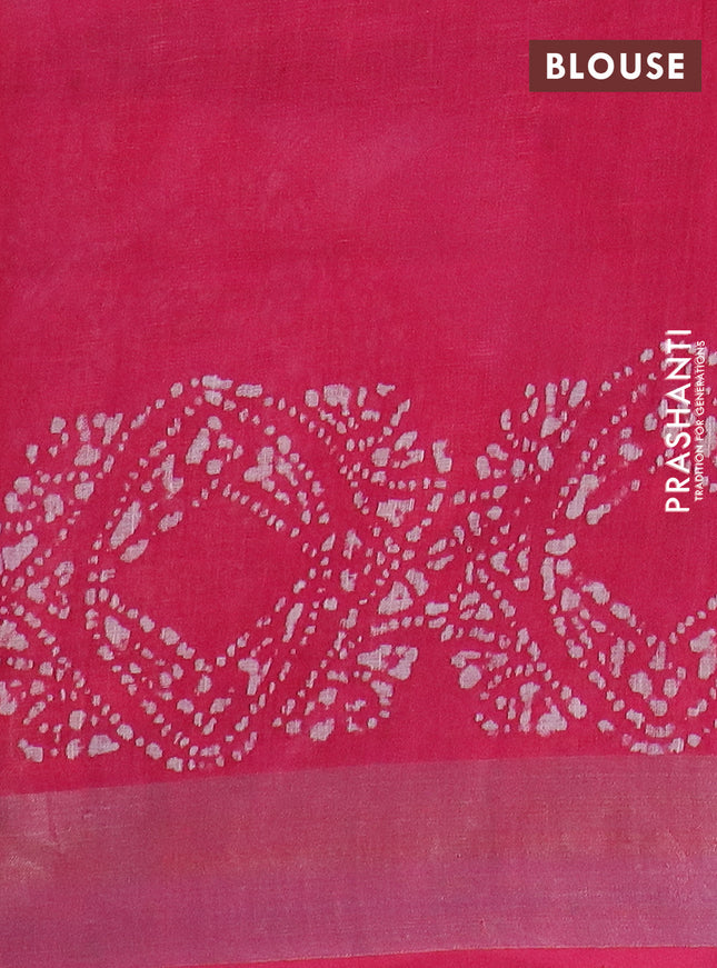 Pure linen saree pink with allover batik prints and silver zari woven border