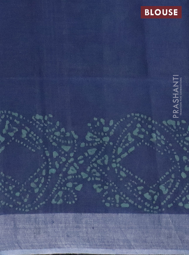 Pure linen saree bluish grey with allover batik prints and silver zari woven border