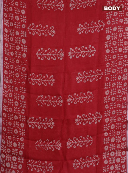 Pure linen saree red with allover batik prints and silver zari woven border