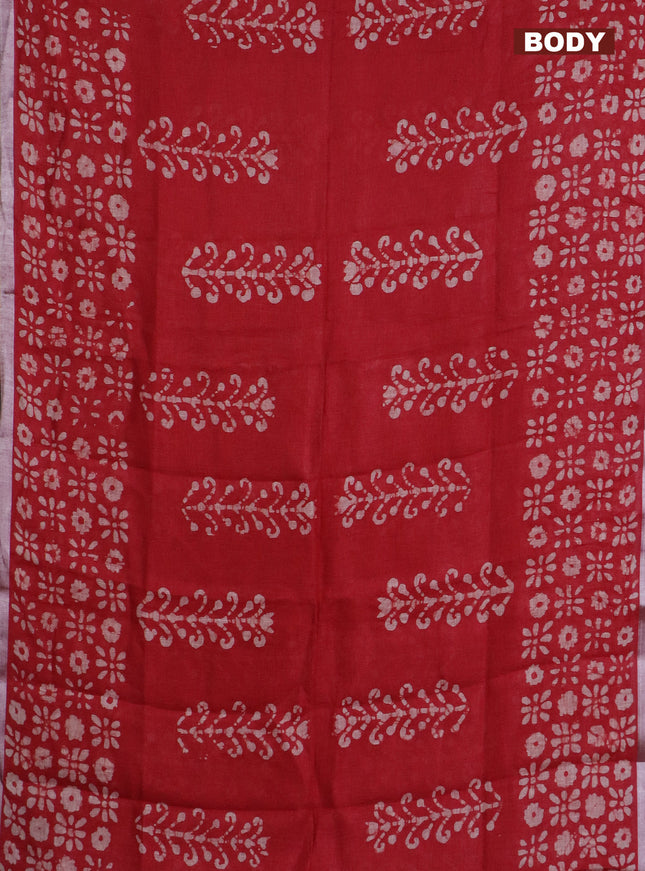 Pure linen saree red with allover batik prints and silver zari woven border