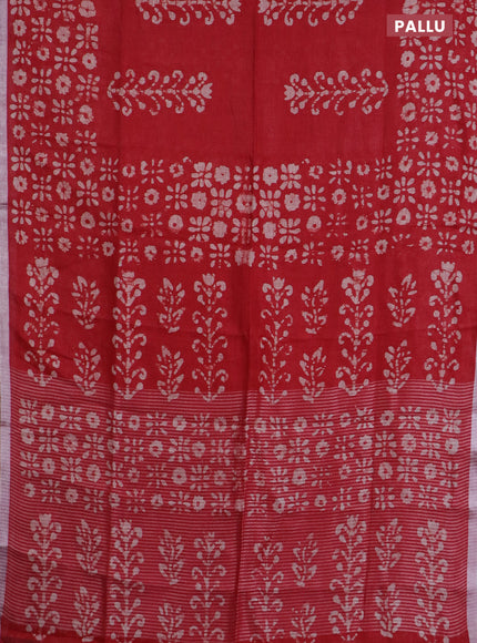 Pure linen saree red with allover batik prints and silver zari woven border