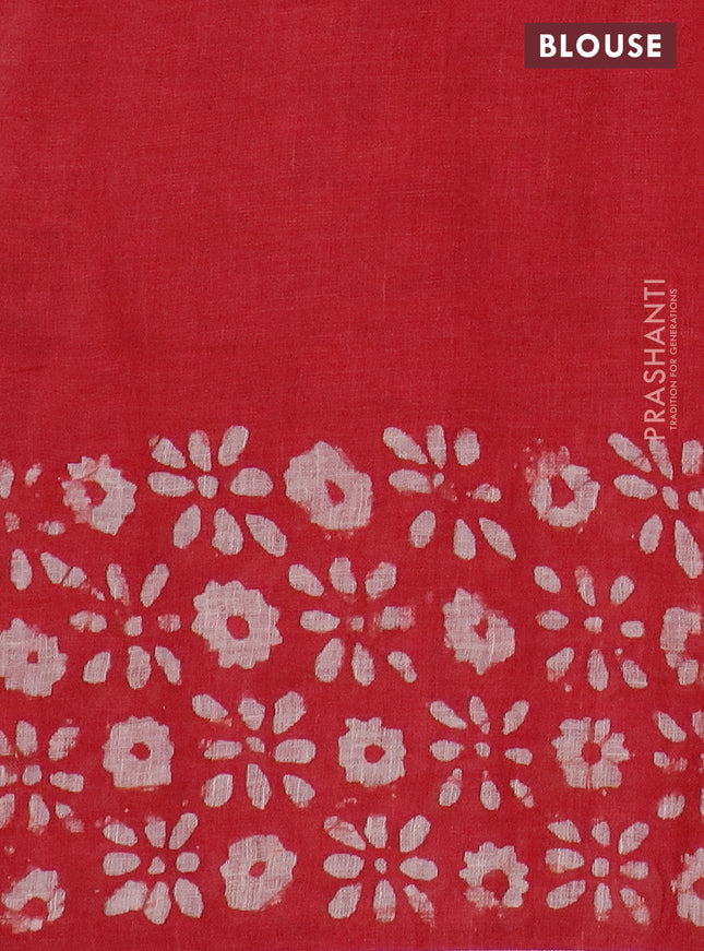 Pure linen saree red with allover batik prints and silver zari woven border