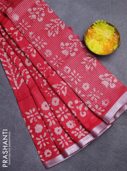 Pure linen saree pink with allover batik prints and silver zari woven border