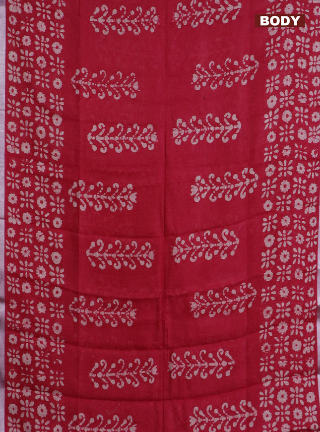 Pure linen saree pink with allover batik prints and silver zari woven border