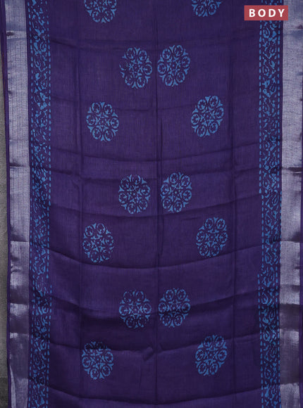 Pure linen saree violet shade with batik butta prints and silver zari woven border
