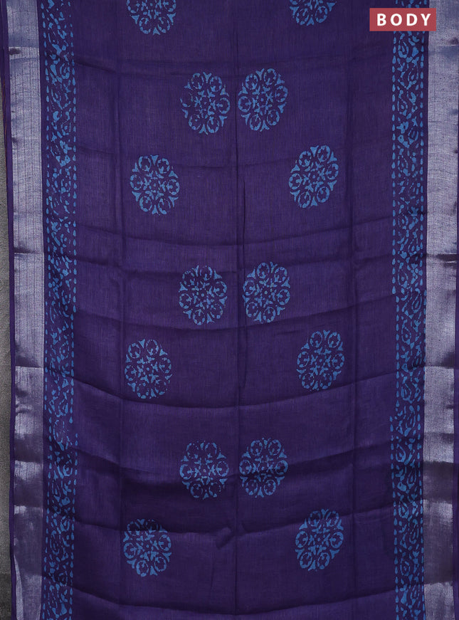 Pure linen saree violet shade with batik butta prints and silver zari woven border