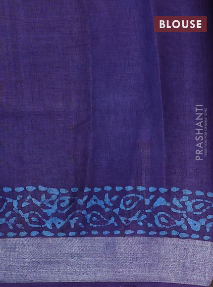 Pure linen saree violet shade with batik butta prints and silver zari woven border