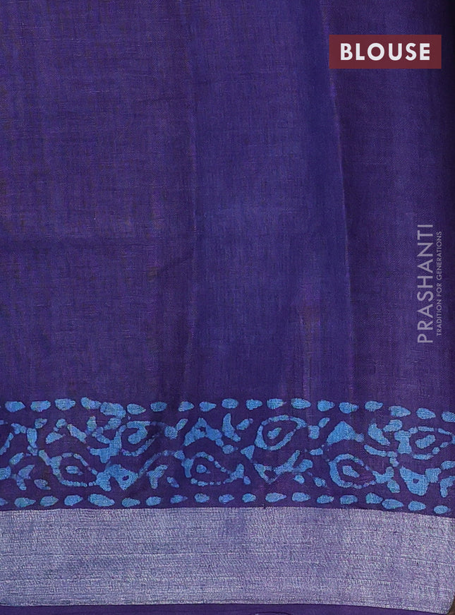 Pure linen saree violet shade with batik butta prints and silver zari woven border
