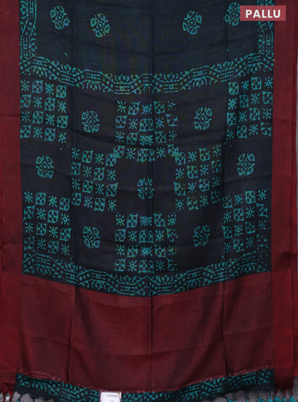 Pure linen saree deep bottle green and maroon with batik butta prints and simple border