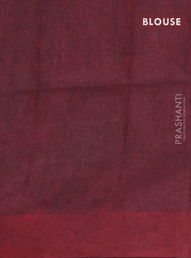Pure linen saree deep bottle green and maroon with batik butta prints and simple border