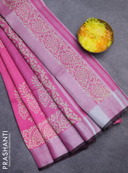 Pure linen saree pink and black with butta prints and silver zari woven border