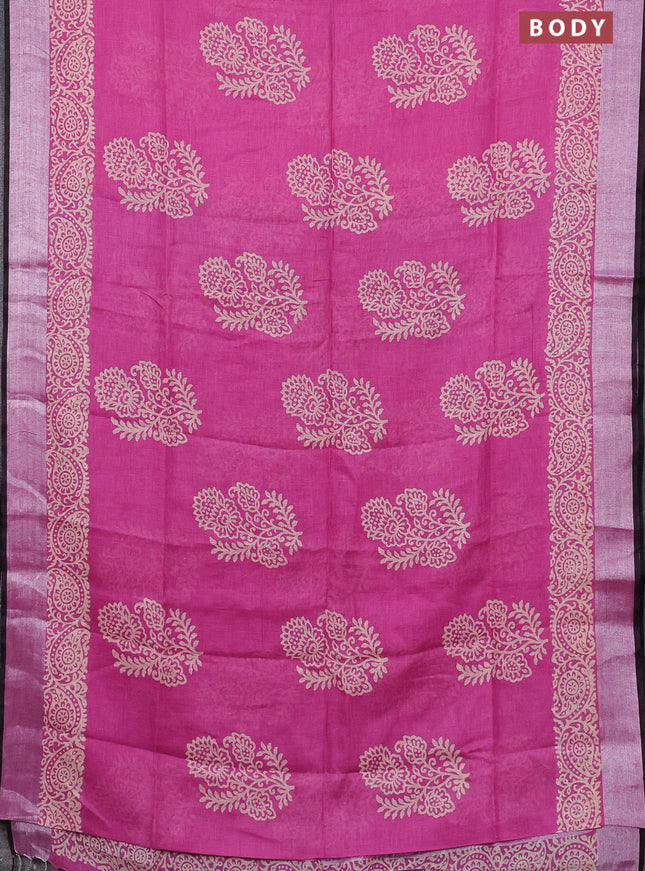 Pure linen saree pink and black with butta prints and silver zari woven border