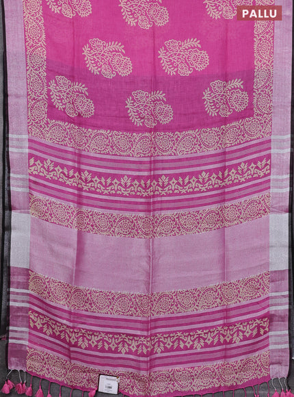 Pure linen saree pink and black with butta prints and silver zari woven border