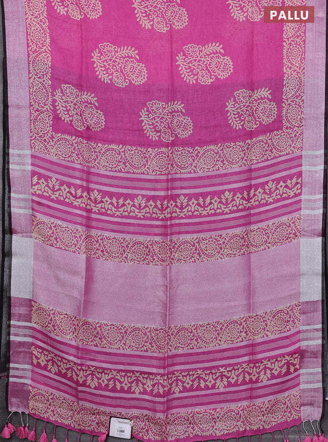 Pure linen saree pink and black with butta prints and silver zari woven border
