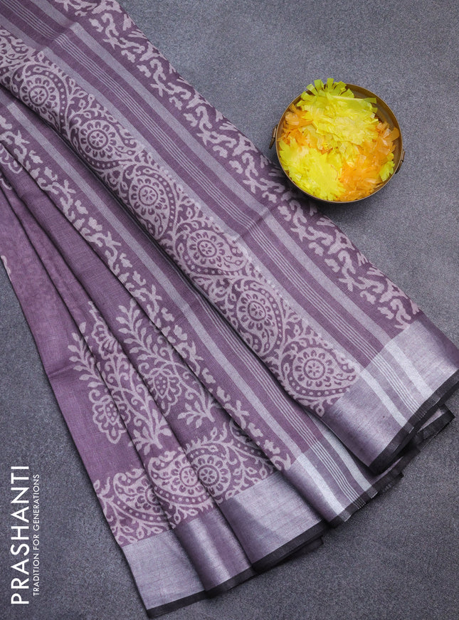 Pure linen saree pastel purple and black with butta prints and silver zari woven border