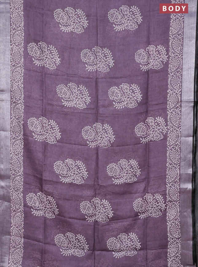 Pure linen saree pastel purple and black with butta prints and silver zari woven border