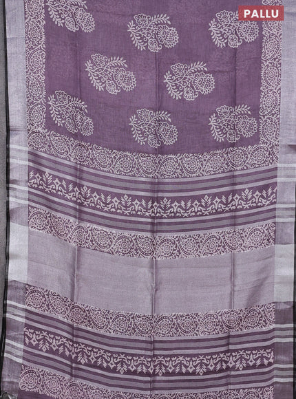 Pure linen saree pastel purple and black with butta prints and silver zari woven border