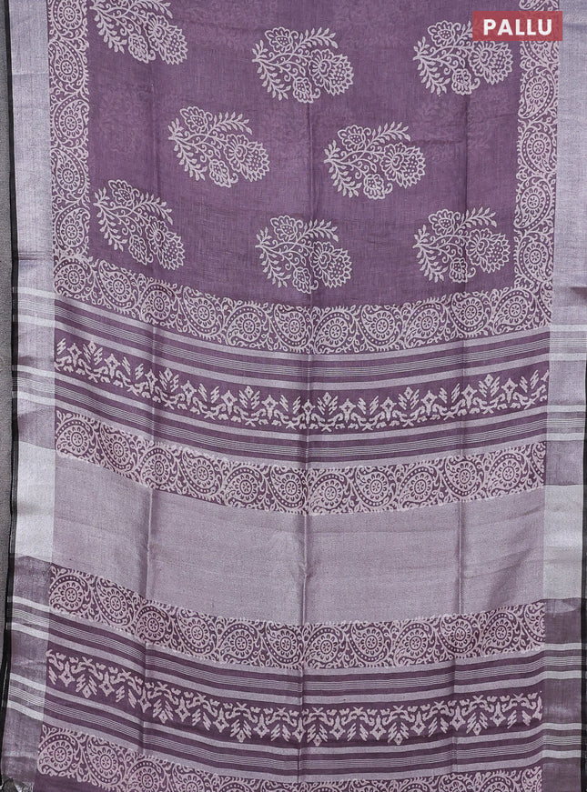 Pure linen saree pastel purple and black with butta prints and silver zari woven border