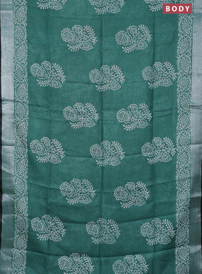 Pure linen saree green and black with butta prints and silver zari woven border