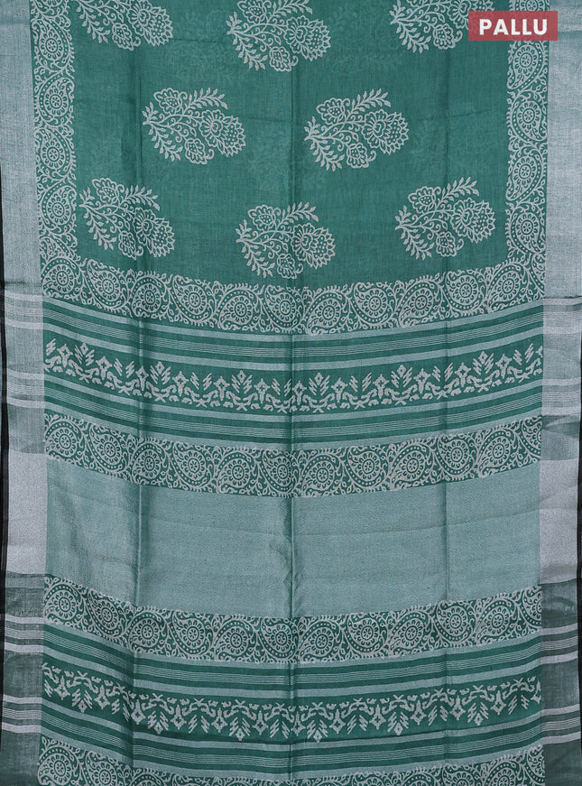 Pure linen saree green and black with butta prints and silver zari woven border