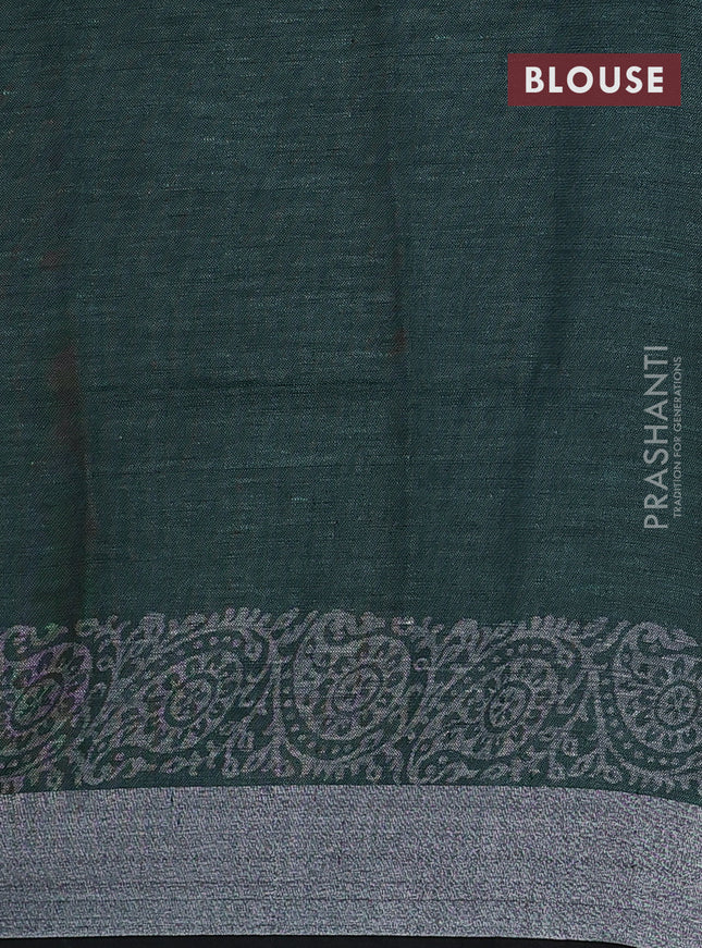 Pure linen saree green and black with butta prints and silver zari woven border