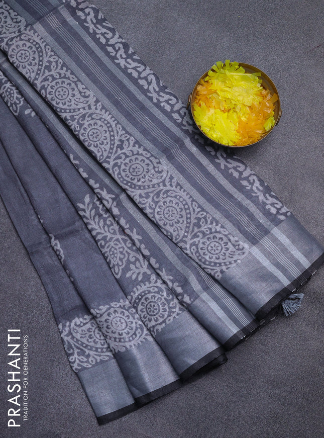 Pure linen saree grey and black with butta prints and silver zari woven border
