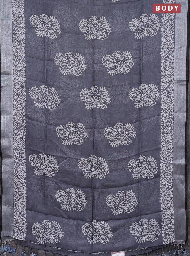 Pure linen saree grey and black with butta prints and silver zari woven border