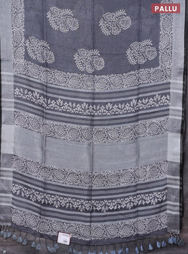 Pure linen saree grey and black with butta prints and silver zari woven border