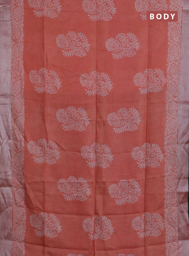 Pure linen saree peach orange and black with butta prints and silver zari woven border