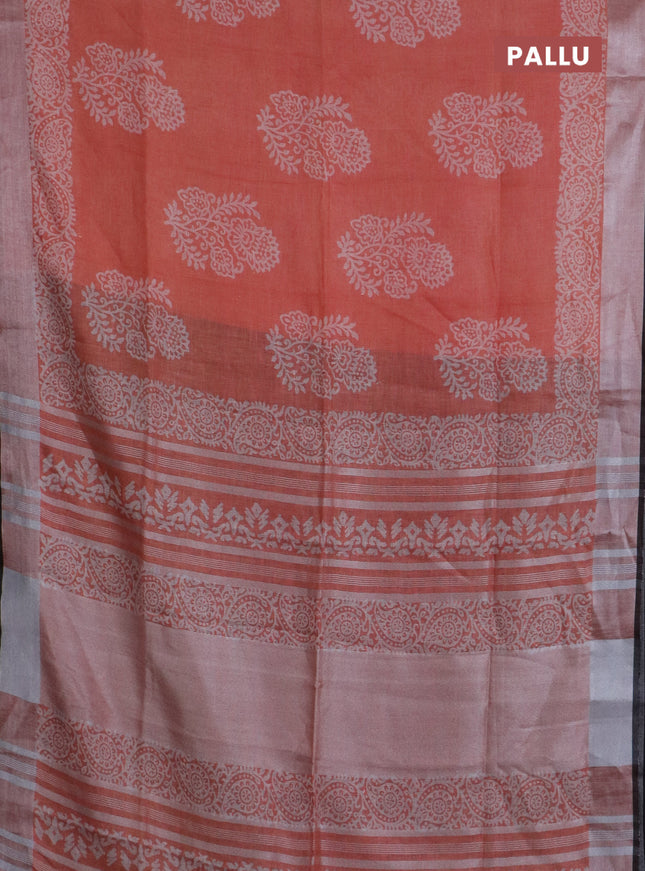Pure linen saree peach orange and black with butta prints and silver zari woven border