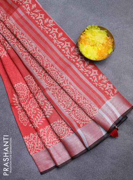 Pure linen saree red and black with butta prints and silver zari woven border