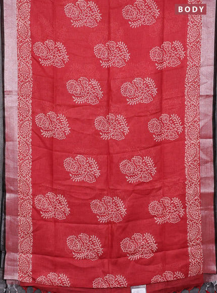 Pure linen saree red and black with butta prints and silver zari woven border
