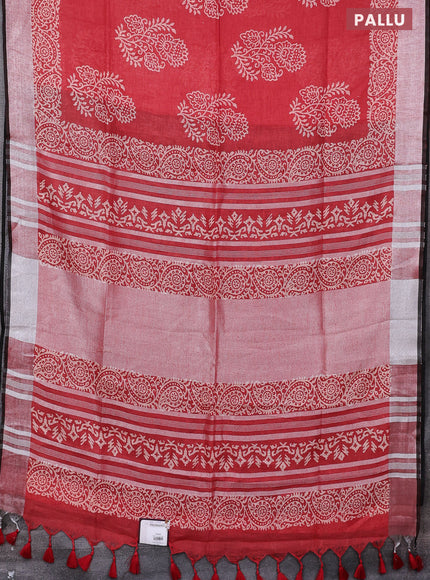 Pure linen saree red and black with butta prints and silver zari woven border