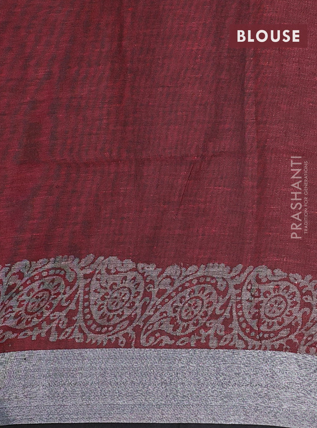 Pure linen saree red and black with butta prints and silver zari woven border