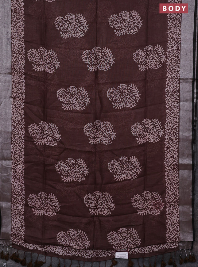 Pure linen saree brown with butta prints and silver zari woven border