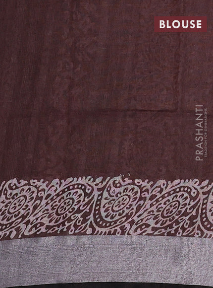 Pure linen saree brown with butta prints and silver zari woven border