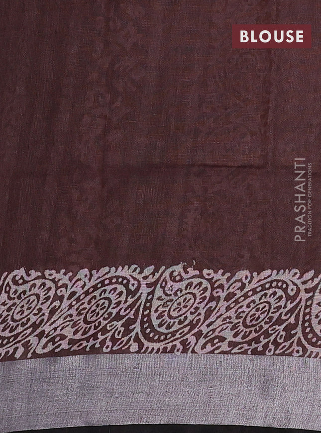 Pure linen saree brown with butta prints and silver zari woven border