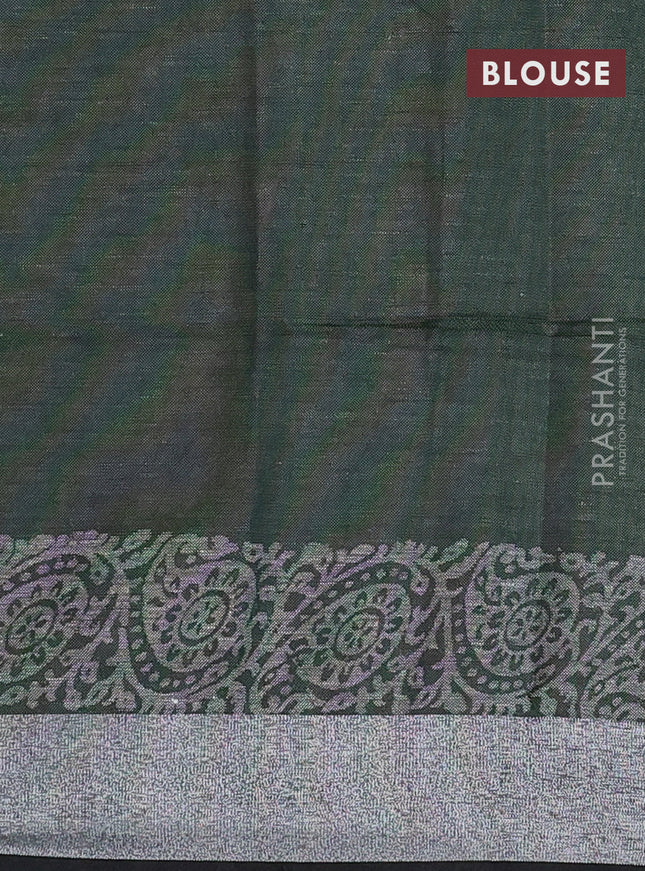 Pure linen saree green shade with butta prints and silver zari woven border