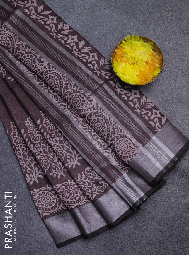 Pure linen saree coffee brown with butta prints and silver zari woven border