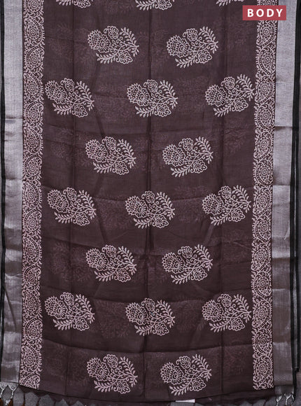 Pure linen saree coffee brown with butta prints and silver zari woven border