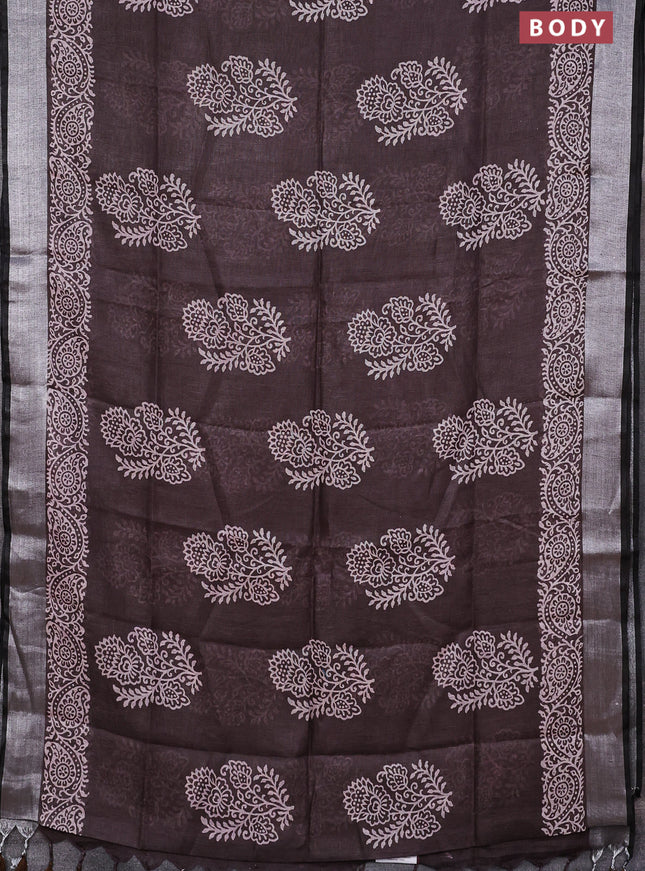 Pure linen saree coffee brown with butta prints and silver zari woven border