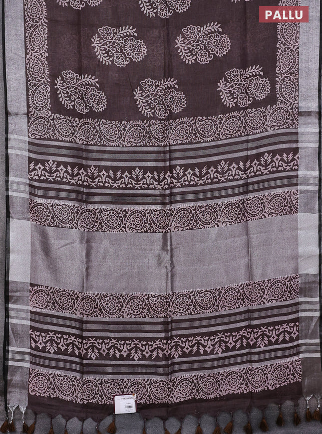 Pure linen saree coffee brown with butta prints and silver zari woven border