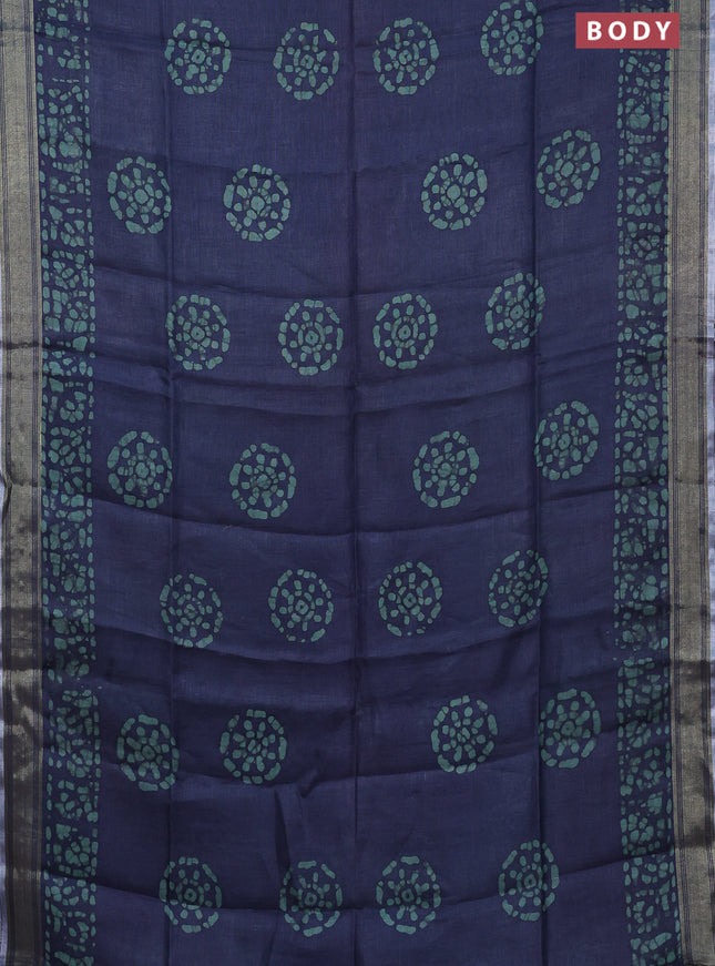 Pure linen saree bluish grey with batik butta prints and silver zari woven border