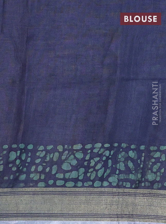 Pure linen saree bluish grey with batik butta prints and silver zari woven border