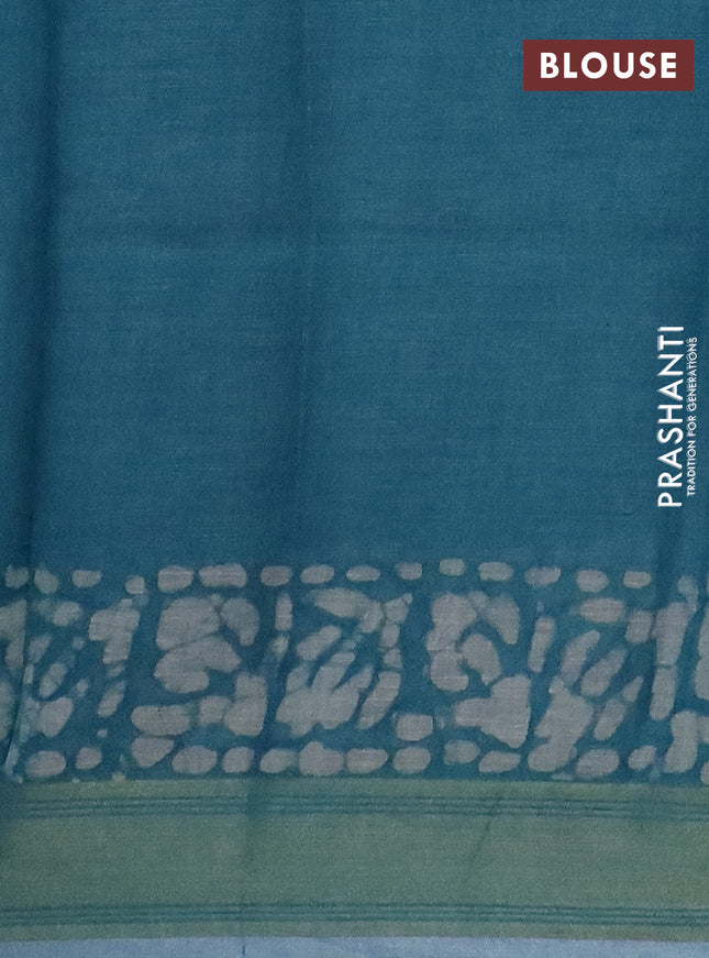 Pure linen saree teal blue with batik butta prints and silver zari woven border