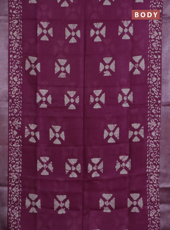Pure linen saree wine shade with batik butta prints and silver zari woven border