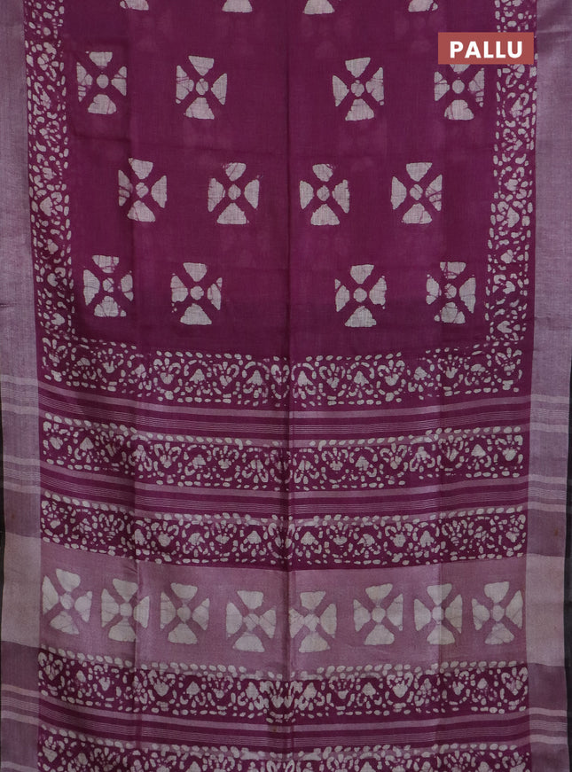 Pure linen saree wine shade with batik butta prints and silver zari woven border