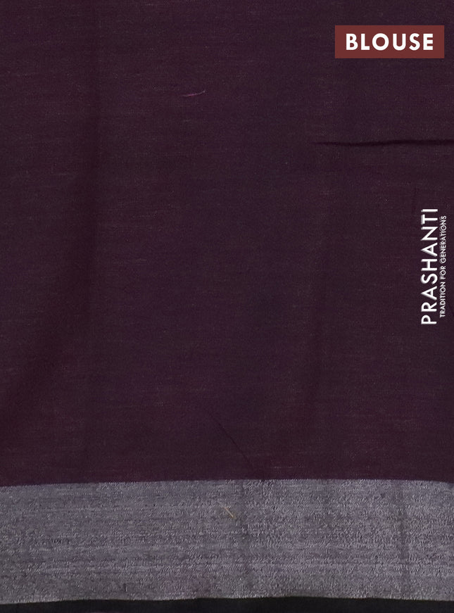 Pure linen saree wine shade with batik butta prints and silver zari woven border
